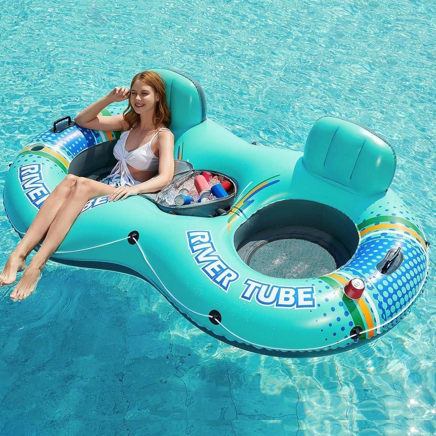 Inflatable 2 Person River Tube Float w/ Cooler Heavy Duty Double Water Pool Lake