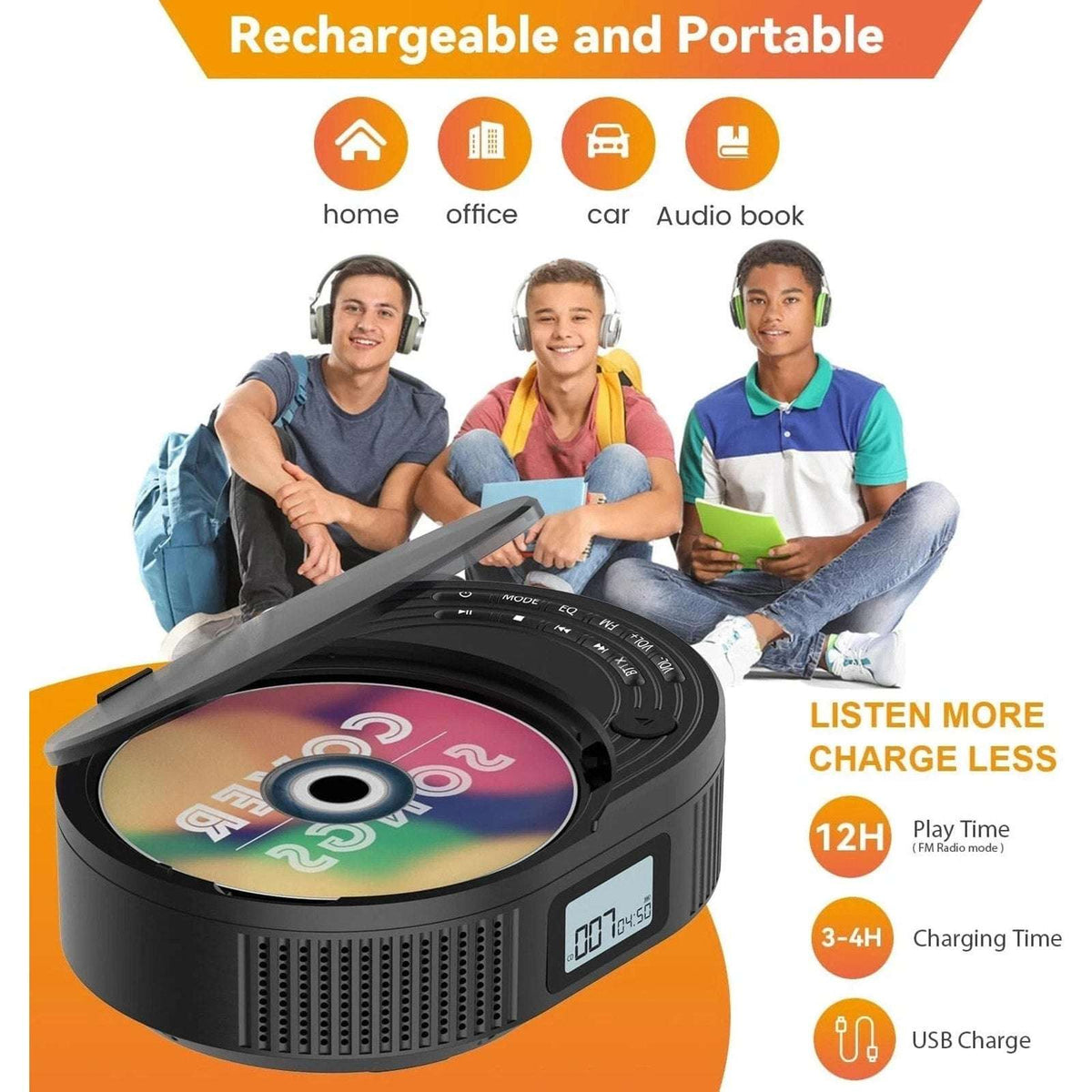 MONODEAL Portable Bluetooth Boombox CD Player, FM Radio, BT Speaker Transmitter