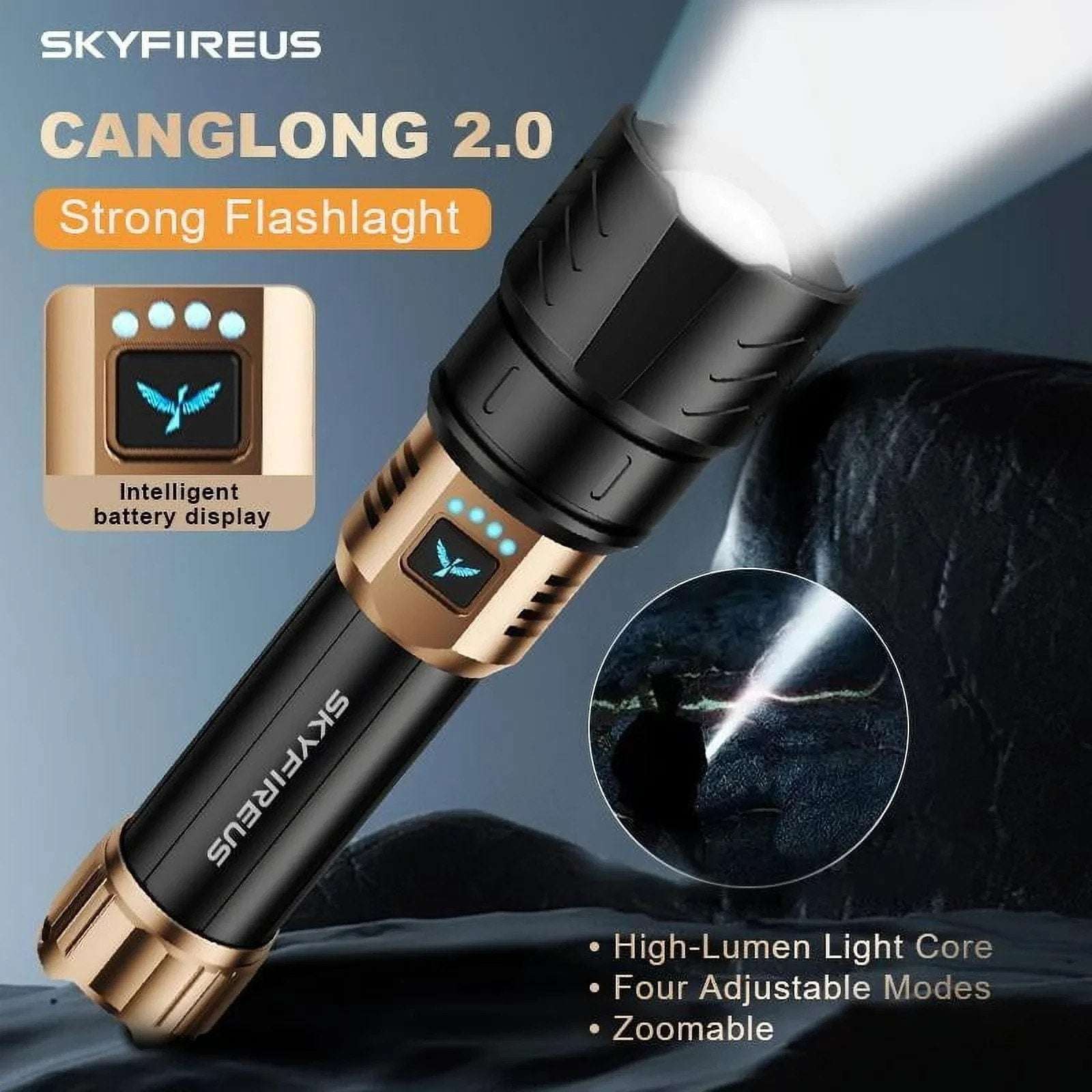 SKYFIRE LED Flashlight 2000lm Rechargeable Zoom Waterproof w/ FIRE STARTER Lens