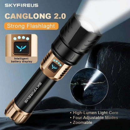 SKYFIRE LED Flashlight 2000lm Rechargeable Zoom Waterproof w/ FIRE STARTER Lens