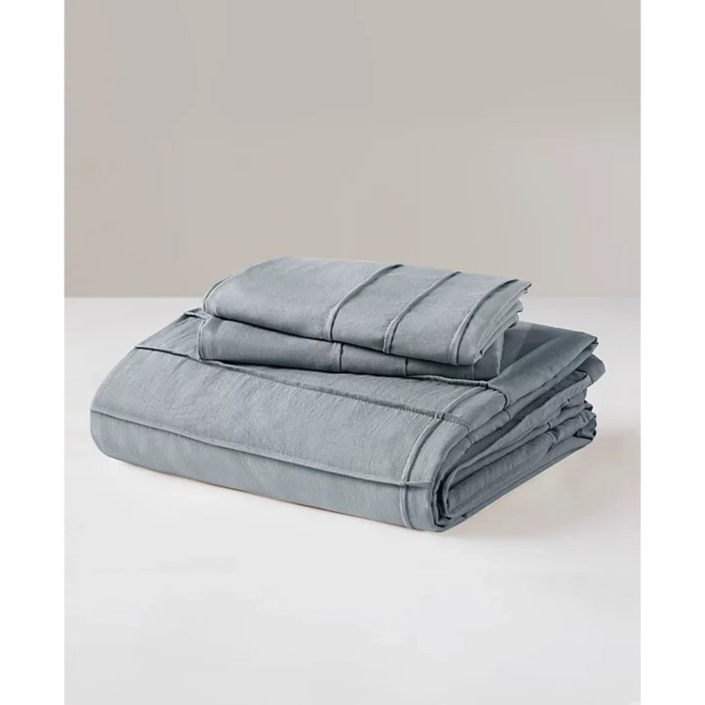 King Size 3PC PORTER Soft Washed Cotton Pinch Pleated Duvet Set Slate Gray/Blue