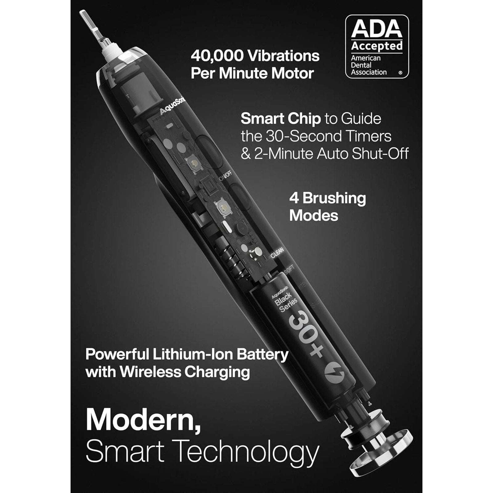 Aquasonic Black Series Electric Toothbrush Ultra Whitening + Case, 8 Heads ADA
