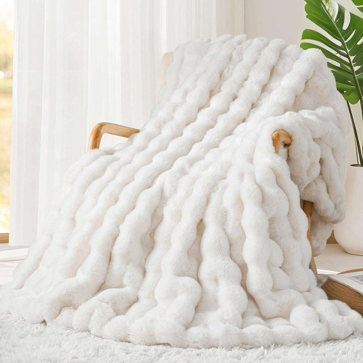 Faux Fur Throw Blanket – Cream White Fluffy Cozy Rabbit Fleece, Plush 50" x 60"