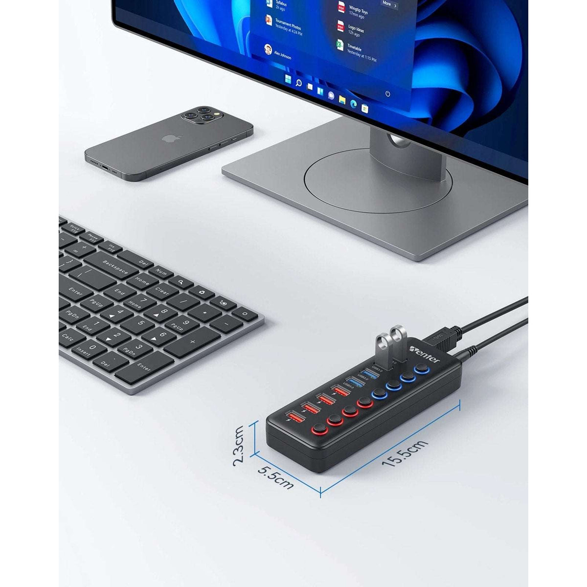 8-Port USB Hub Splitter 4 USB 3.0 Data Ports 4 Smart Charging Ports Ind Switches