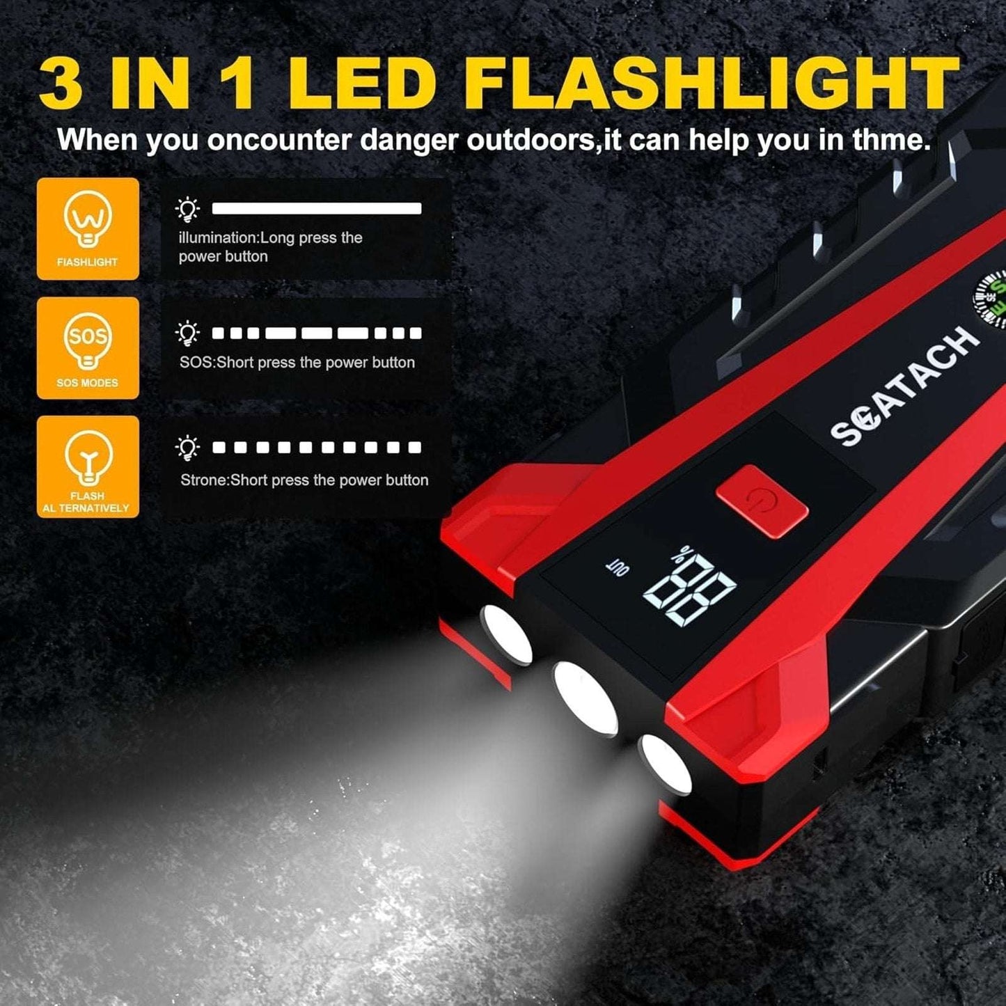 Scatach 3000A 12V Car Battery Jump Starter, Jumper Cable, Flashlight & Powerbank