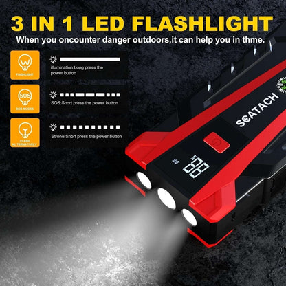 Scatach 3000A 12V Car Battery Jump Starter, Jumper Cable, Flashlight & Powerbank