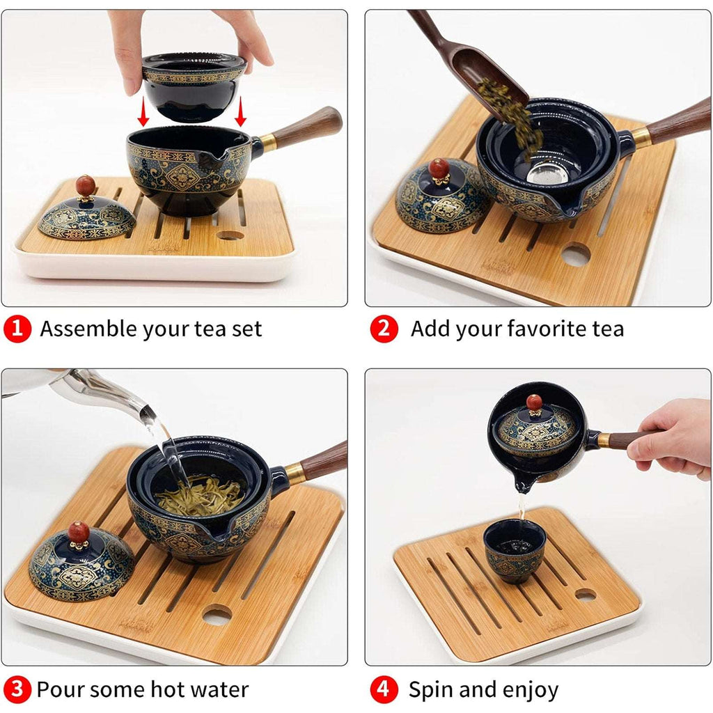 Porcelain Chinese Gongfu Tea Set Portable Teapot Set w/ 360° Rotation & Infuser