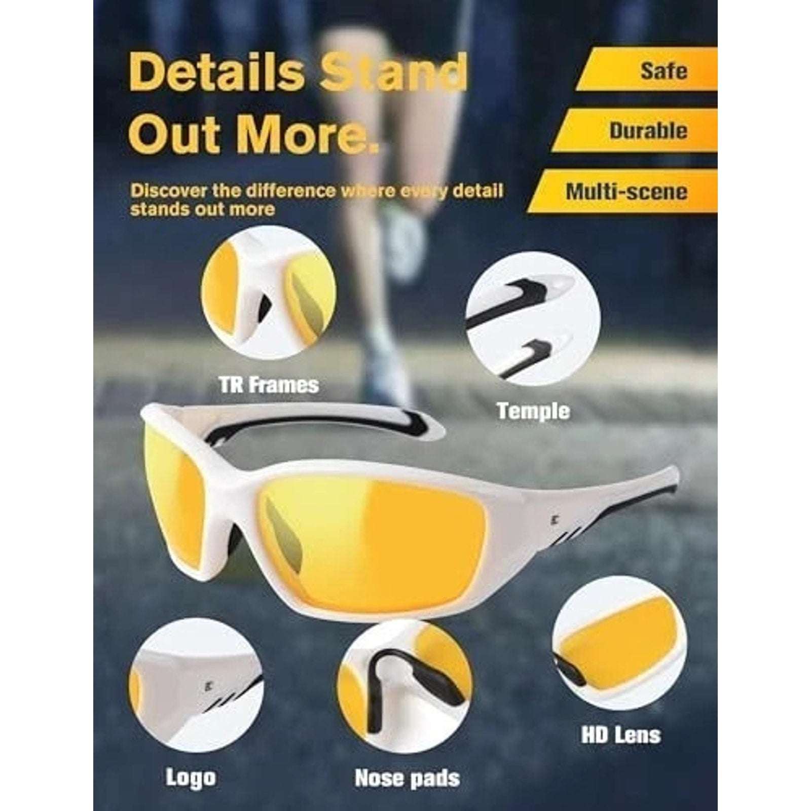 BIRCEN Night Vision Anti Glare Glasses White Sports Frames for Driving Fishing +