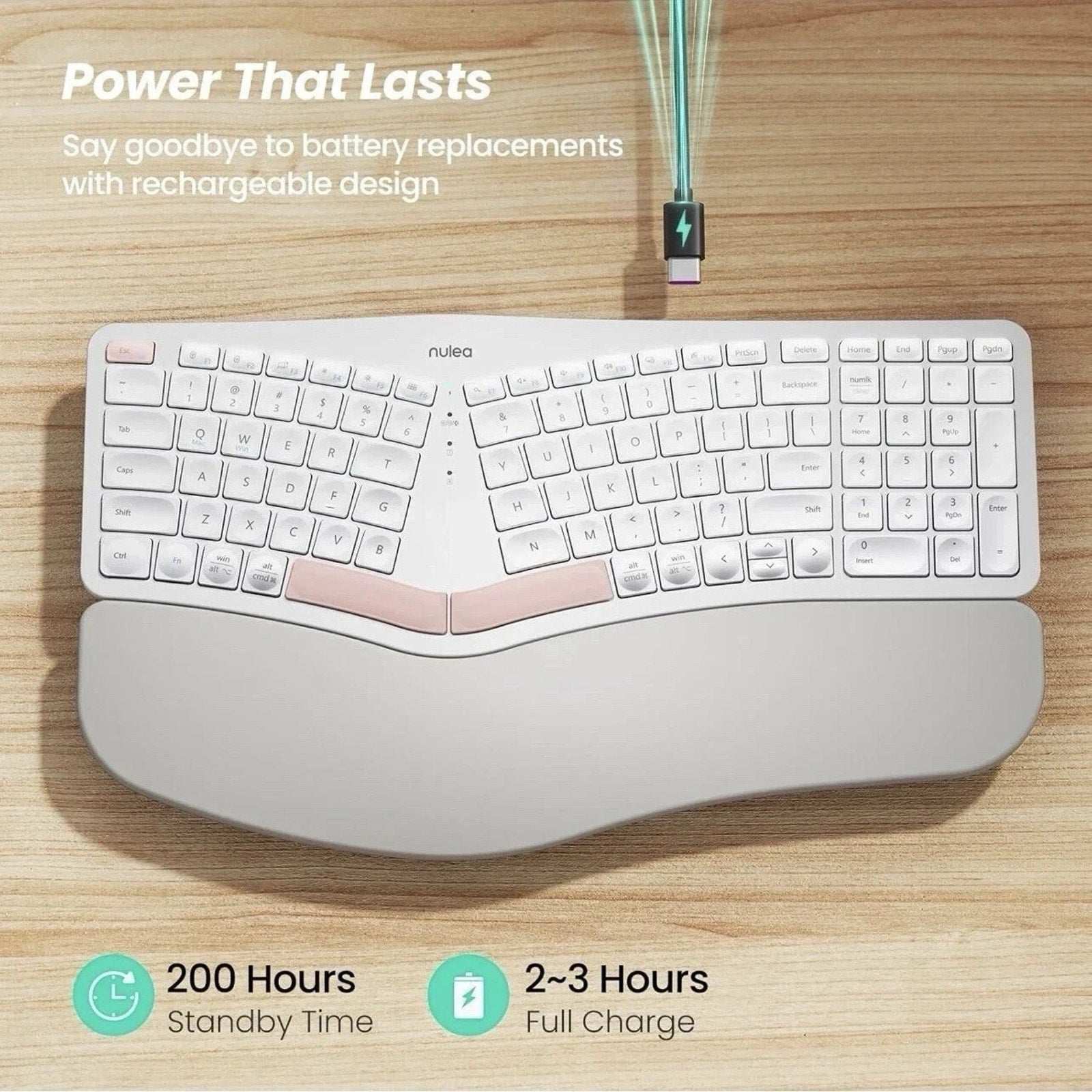 Nulea RT05B Wireless Ergonomic Split Keyboard w/ Cushioned Wrist Support - White