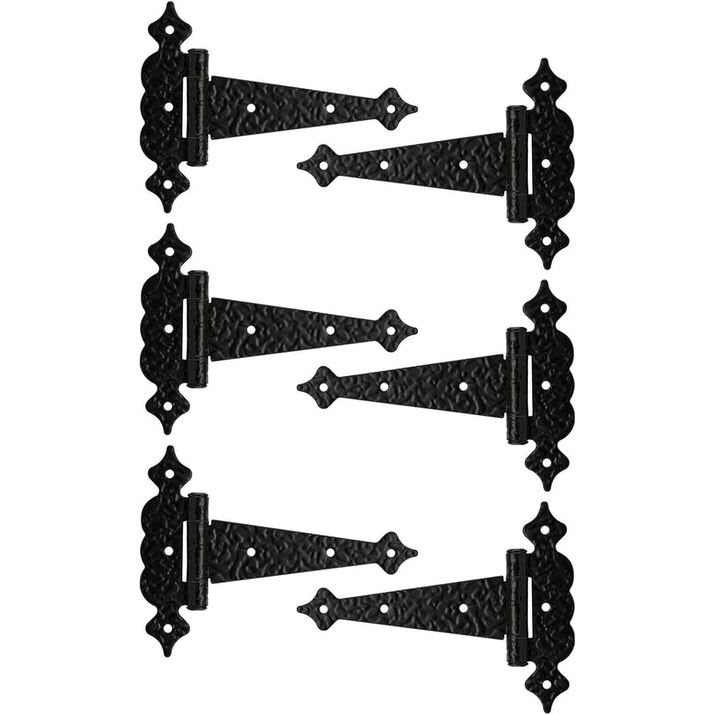 6" Heavy Duty Hammered Black Steel Gate T Hinge Strap Shed, Barn Doors - 6 Pack