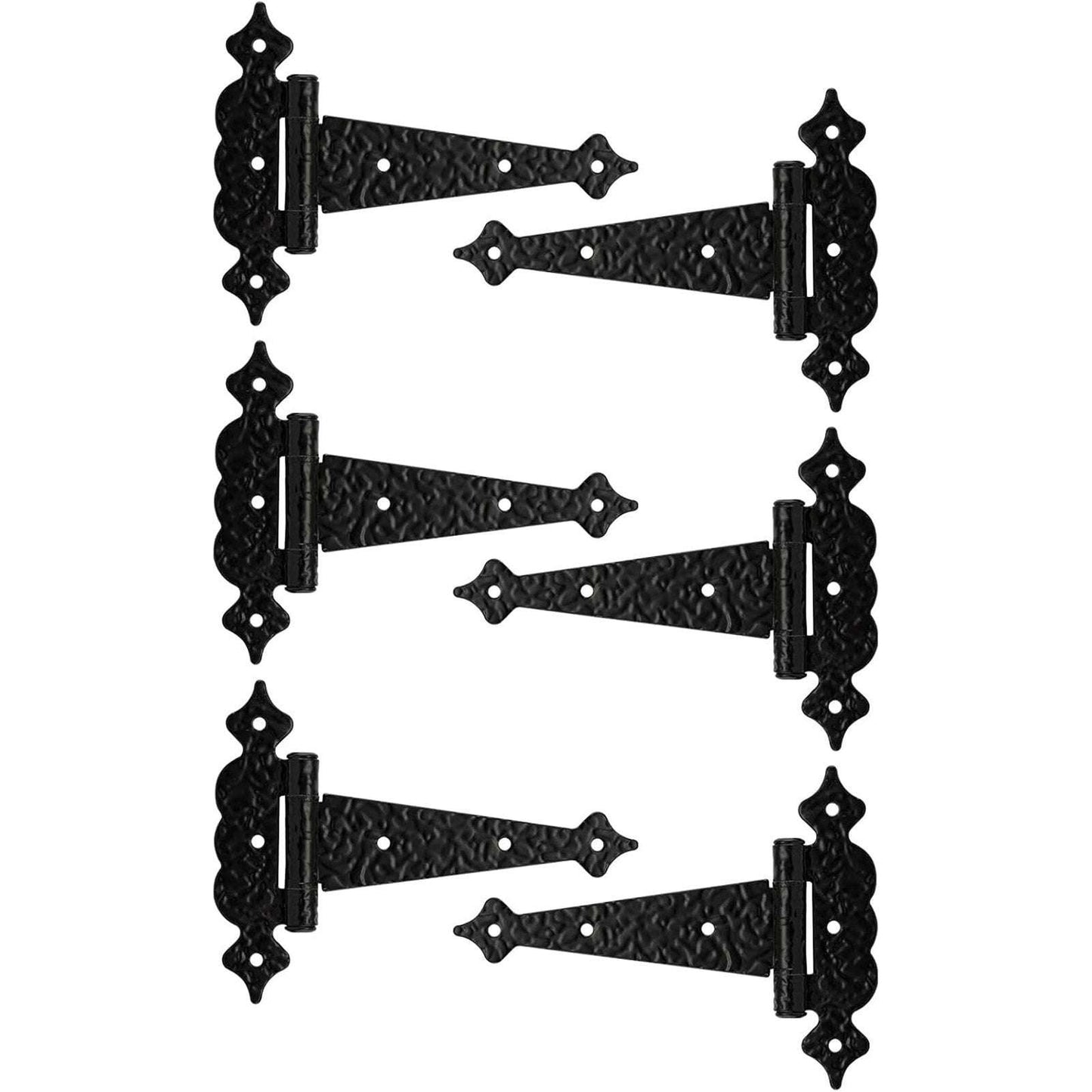 6" Heavy Duty Hammered Black Steel Gate T Hinge Strap Shed, Barn Doors - 6 Pack