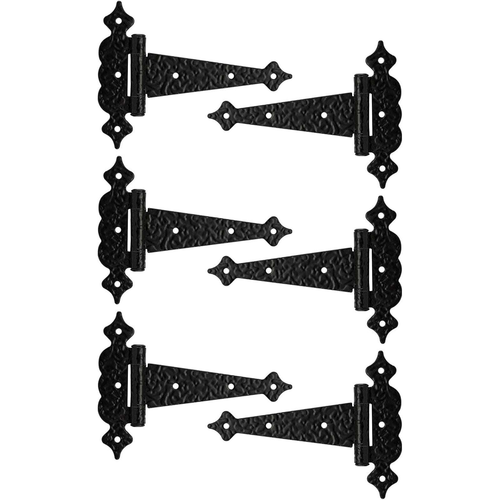 6" Heavy Duty Hammered Black Steel Gate T Hinge Strap Shed, Barn Doors - 6 Pack