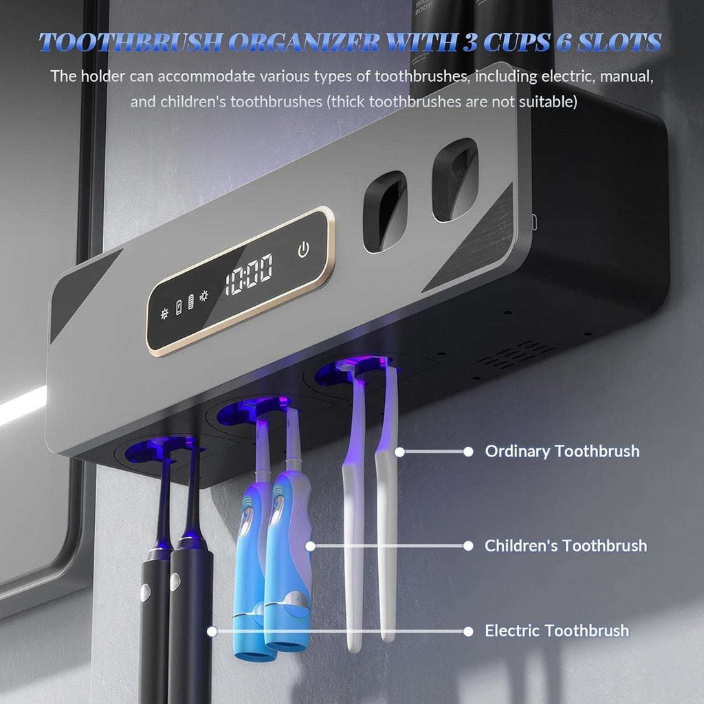 Smart 6 Toothbrush Holder Cleaner Sterilizer & Dryer w Dual Toothpaste Dispenser