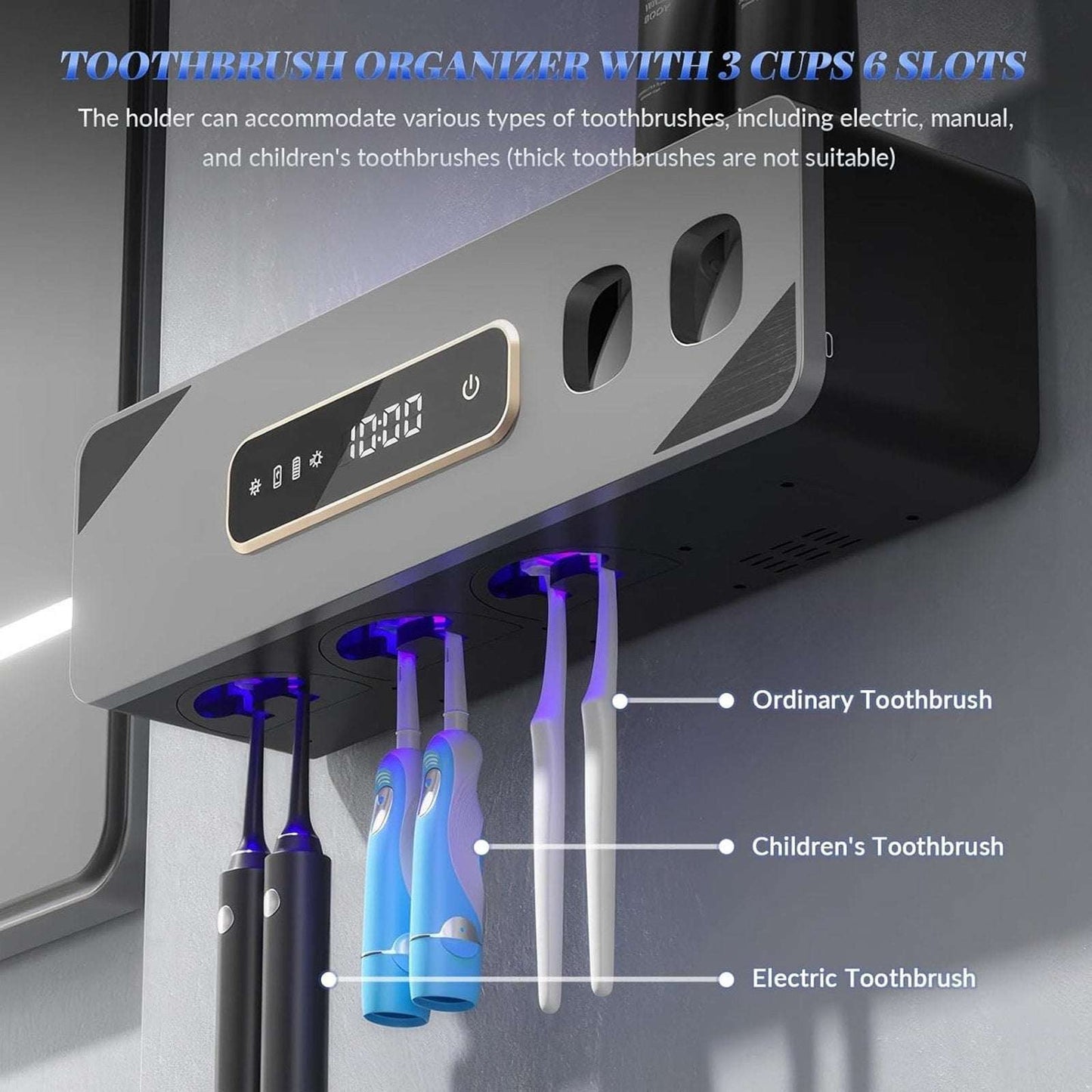 Smart 6 Toothbrush Holder Cleaner Sterilizer & Dryer w Dual Toothpaste Dispenser