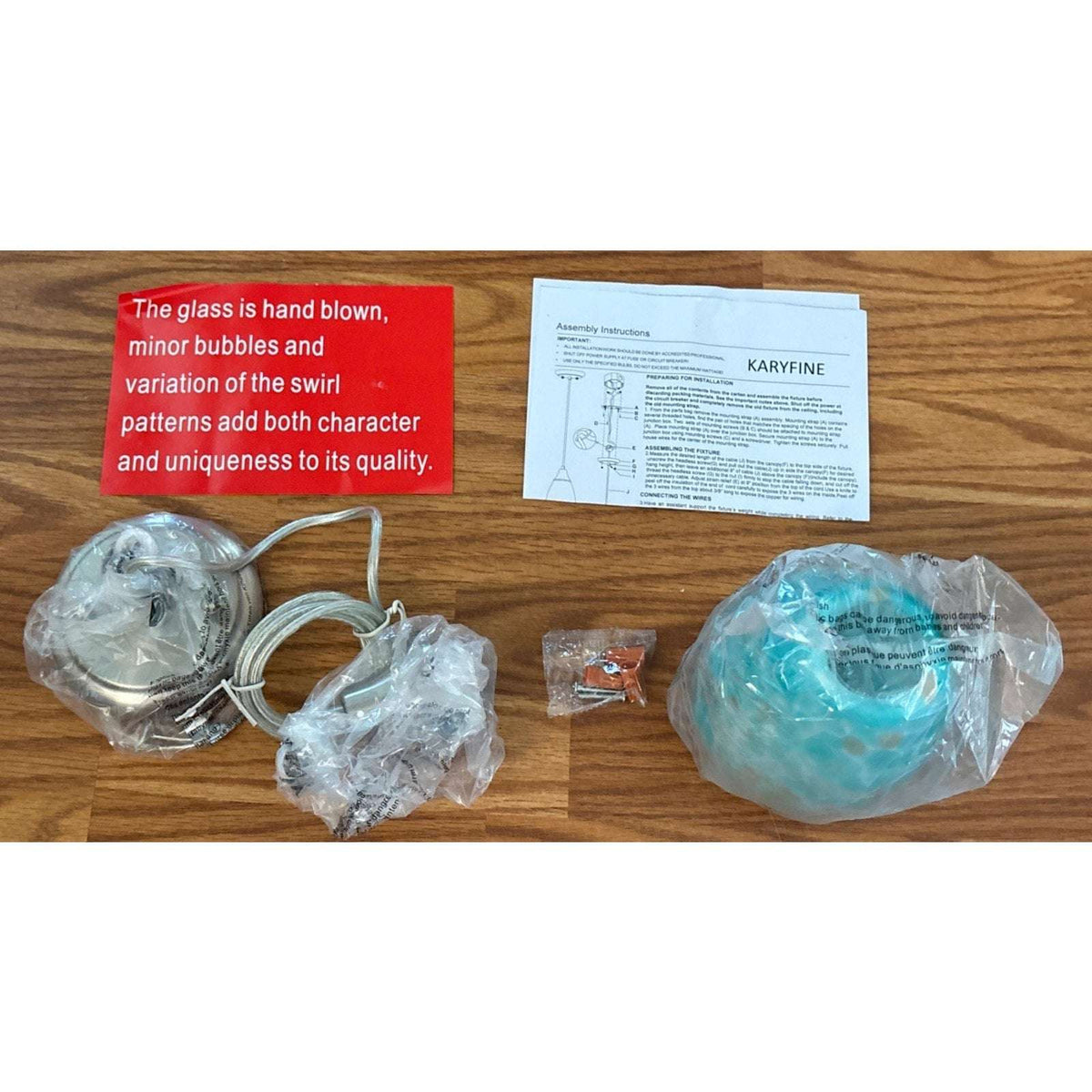 Karyfine Mini Art Blown Glass Pendant Light Fixture Blue w/ Gold - Adjustable