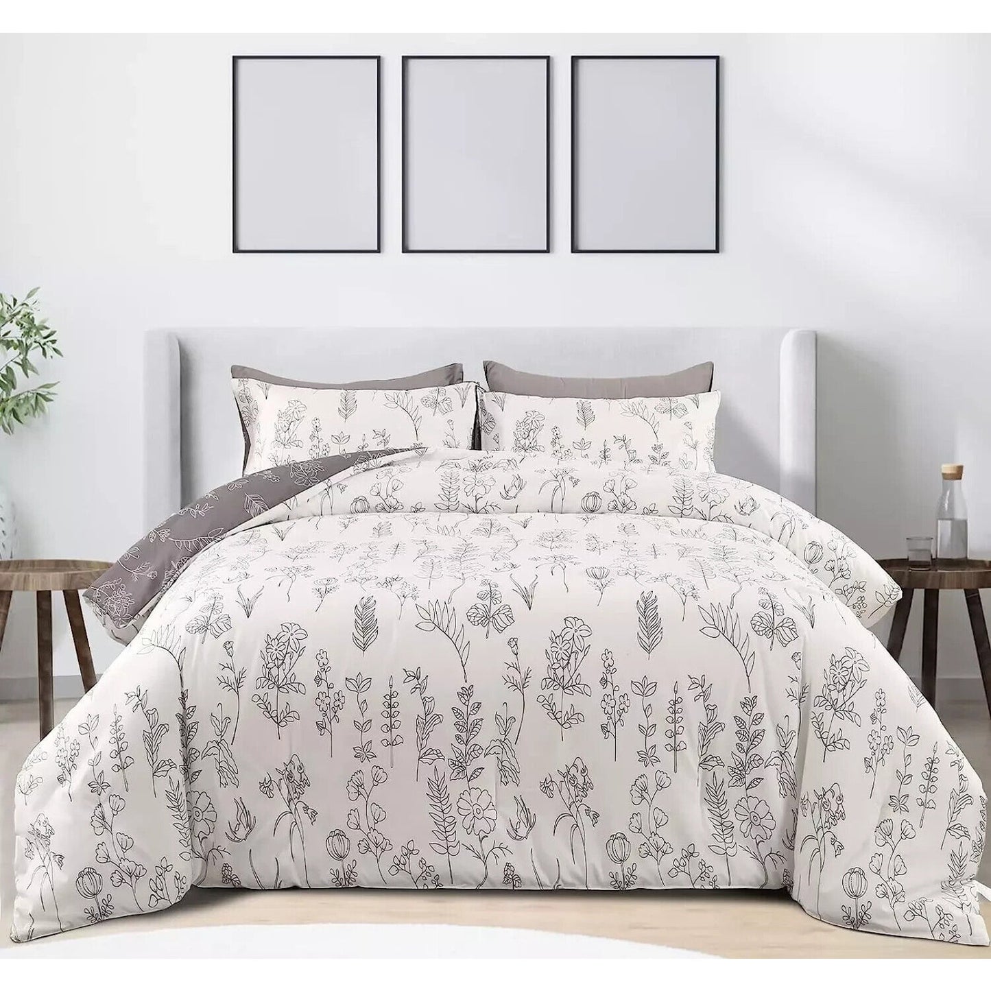 Bedsure Queen Comforter Set - Gray & White Cute Floral Bedding - Reversible