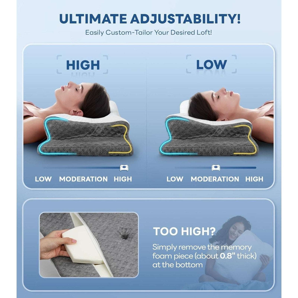 Cozyplayer Adjustable Cervical Memory Foam Pillow Ultra Pain Relief w/ Arm Rest