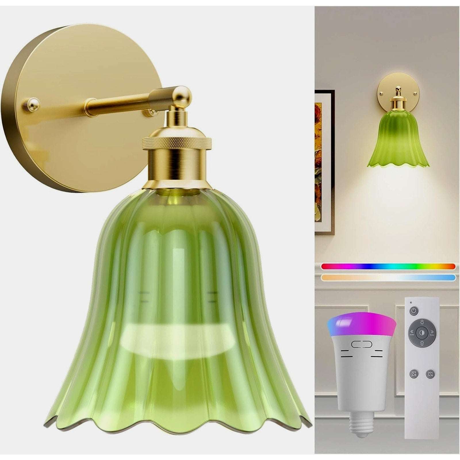 2Pc Vtg Wireless Wall Sconce Green Tulip Glass & Gold w Remote Rechargeable Bulb