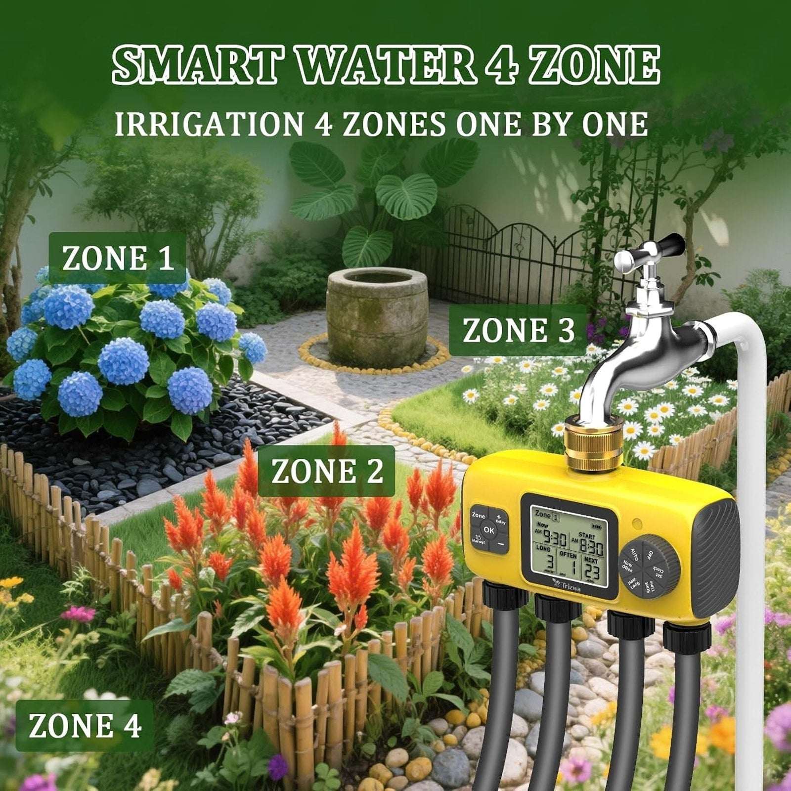 4-Zone Programmable Digital Smart Water Timer w/ Brass Inlet, Rain Delay, Anti-R