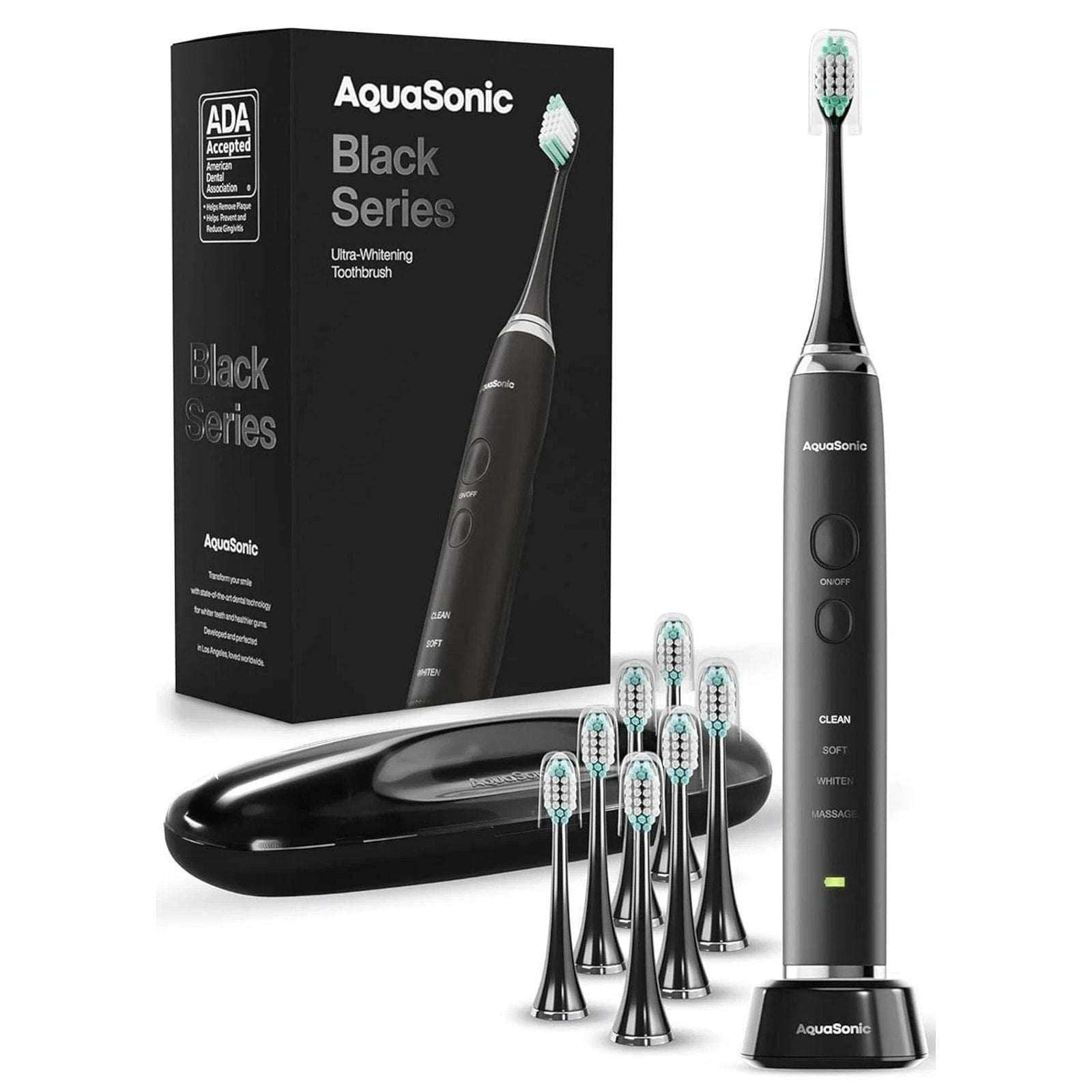 Aquasonic Black Series Electric Toothbrush Ultra Whitening + Case, 8 Heads ADA