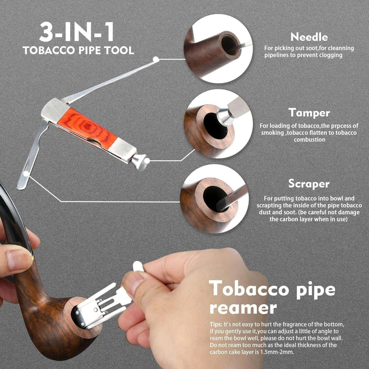 Tobacco Pipe Handmade Ebony Wood Root Smoking Pipe 19PC Set w/ Case, Accessories