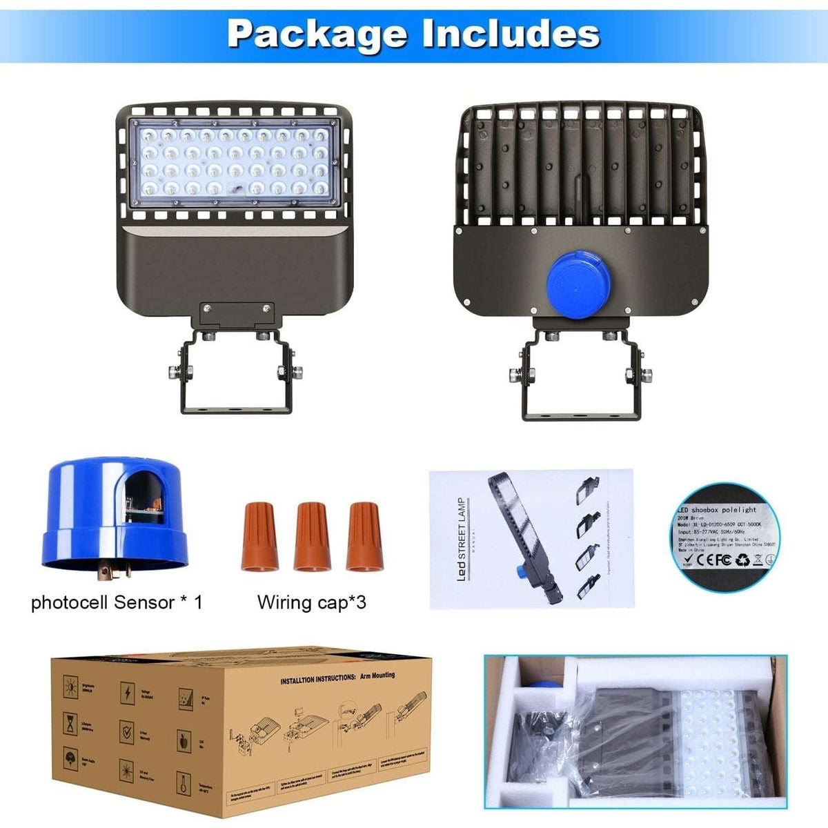 BIRITALO 150W LED Shoebox Street Light 5000K Waterproof, Photocell Dusk to Dawn