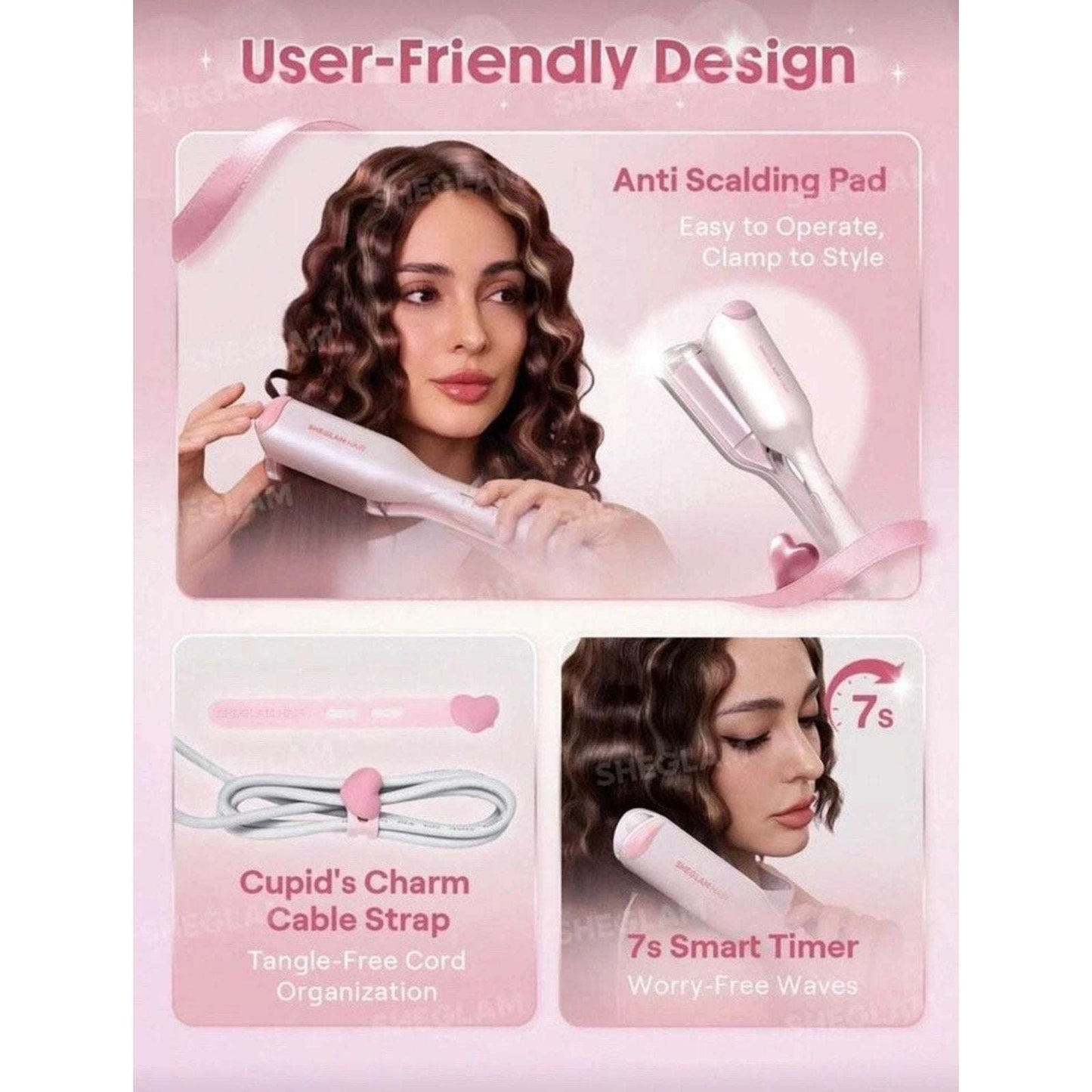 SHEGLAM HAIR Cupid's Charm Beach Babe Hair Waver 1" Smart Timer, Deep U Design