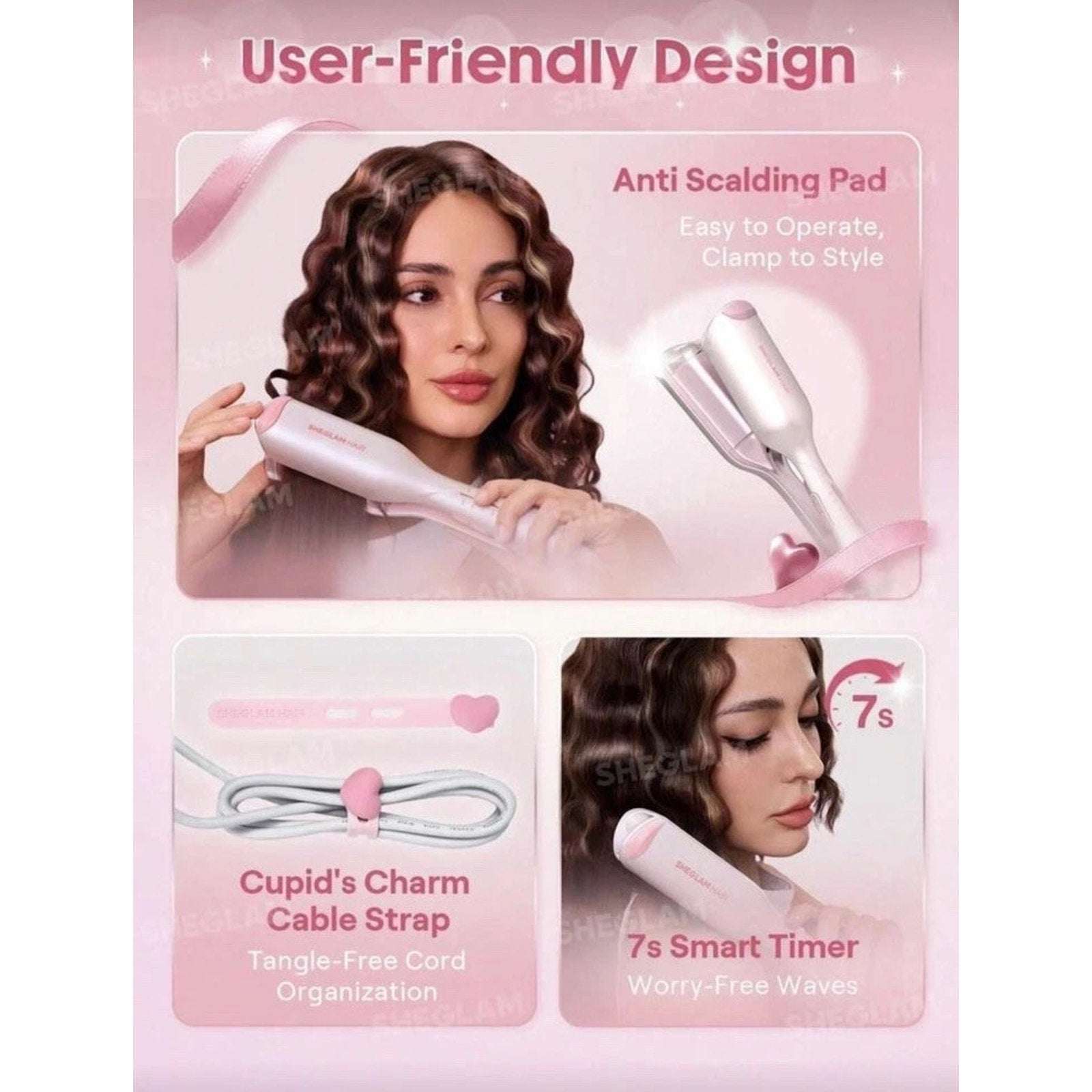 SHEGLAM HAIR Cupid's Charm Beach Babe Hair Waver 1" Smart Timer, Deep U Design