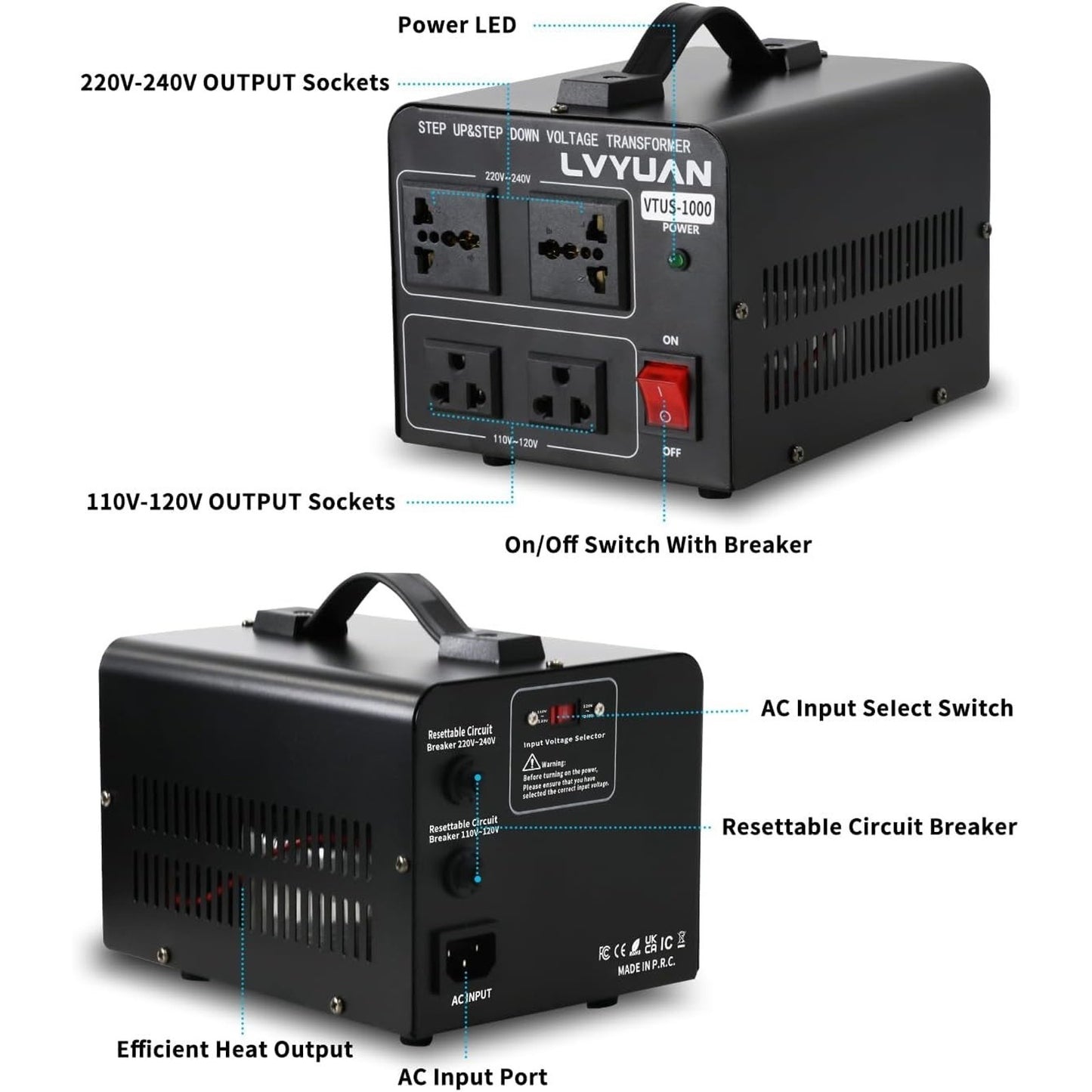 Voltage Transformer Converter 1000 Watt Step Up/Down 110V-120V ↔ 220V-240V 4 Out