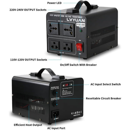 Voltage Transformer Converter 1000 Watt Step Up/Down 110V-120V ↔ 220V-240V 4 Out
