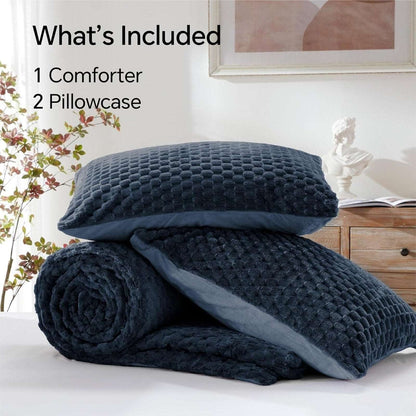 BEDELITE Fluffy Queen Size Comforter & 2 x Pillow Sham Set Navy Blue Fleece Soft