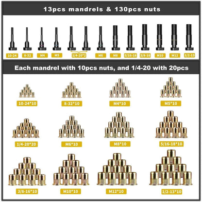 IMQUALI 16" Hand Rivet Nut Tool Kit 14 Metric & SAE Mandrels & Nut Set with Case