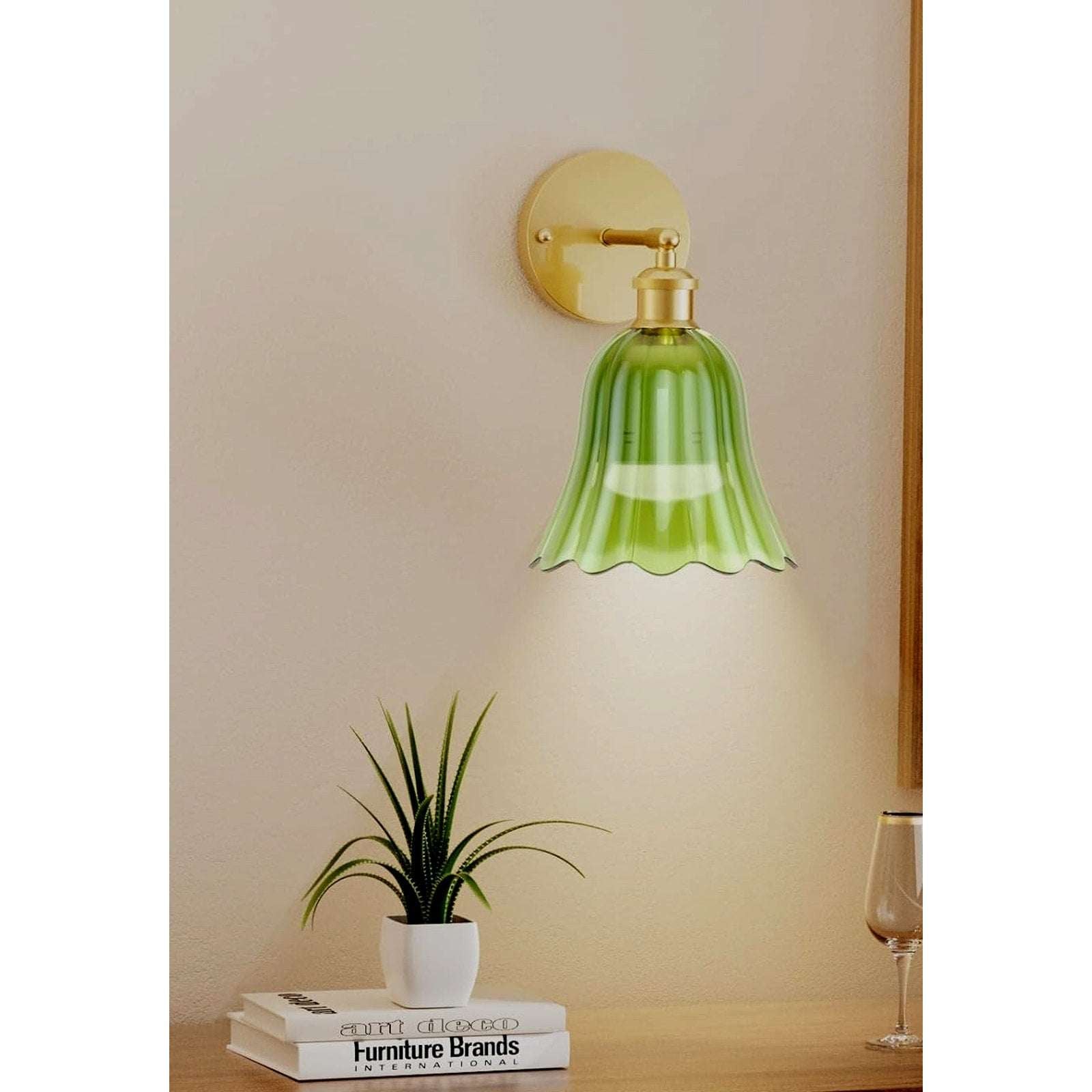 2Pc Vtg Wireless Wall Sconce Green Tulip Glass & Gold w Remote Rechargeable Bulb