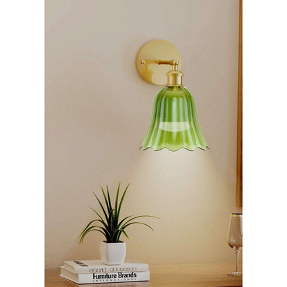 2Pc Vtg Wireless Wall Sconce Green Tulip Glass & Gold w Remote Rechargeable Bulb