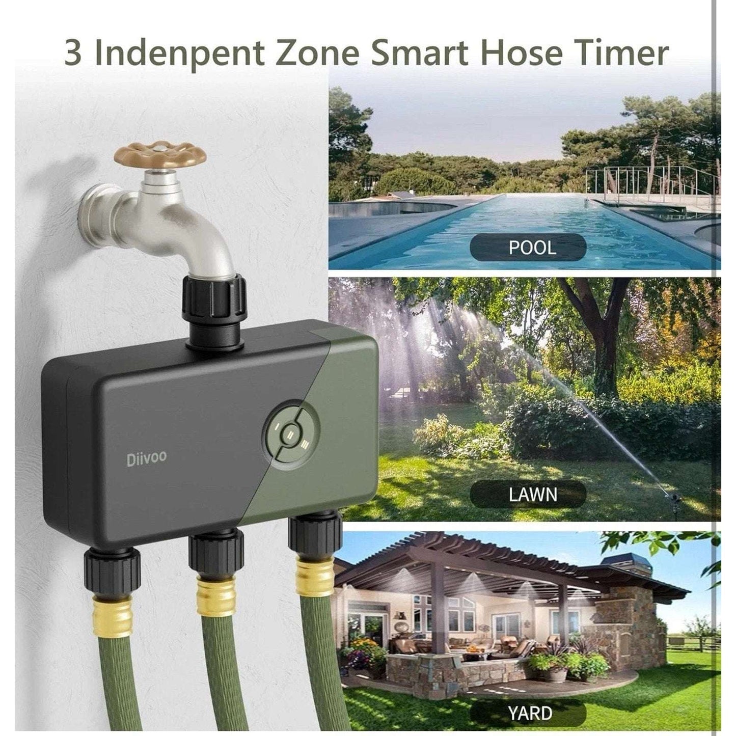 Diivoo WiFi Sprinkler Timer 3 Zone, Smart Water Hose Timer Comp w/ Alexa, Google