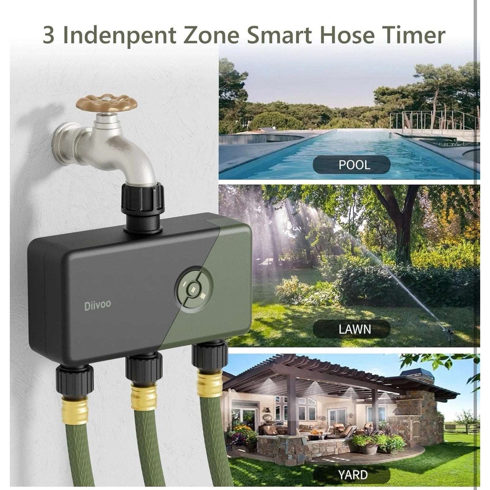 Diivoo WiFi Sprinkler Timer 3 Zone, Smart Water Hose Timer Comp w/ Alexa, Google