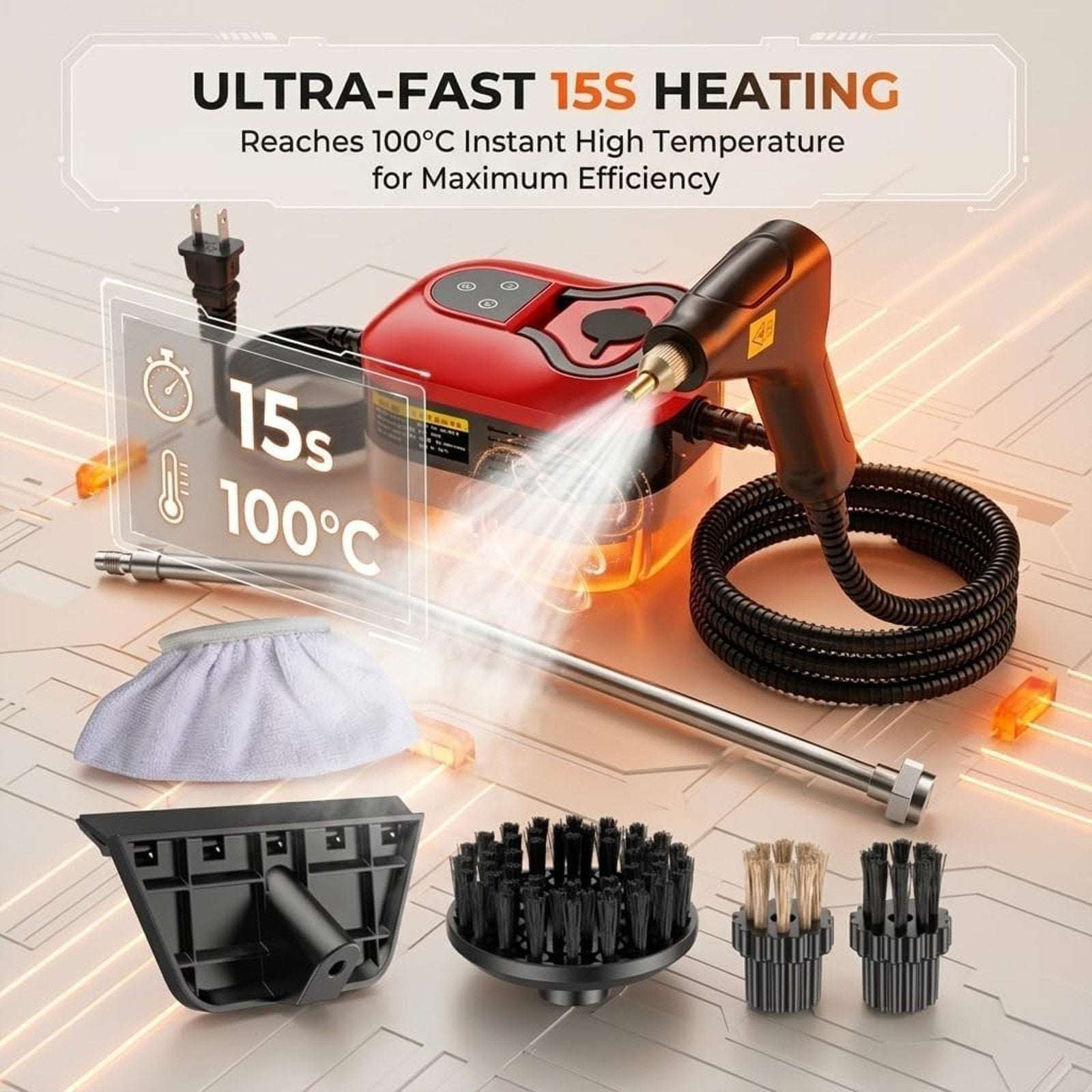 2500W High Temp/Pressure Steam Cleaner, 6 Adjustable Levels, 15s Heat-Up, 1.2L