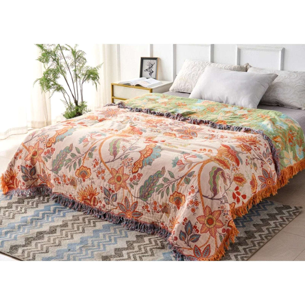 Casa & Beyond Cotton Floral Boho Reversible Blanket 91" x 98" + 4 Pillow Shams