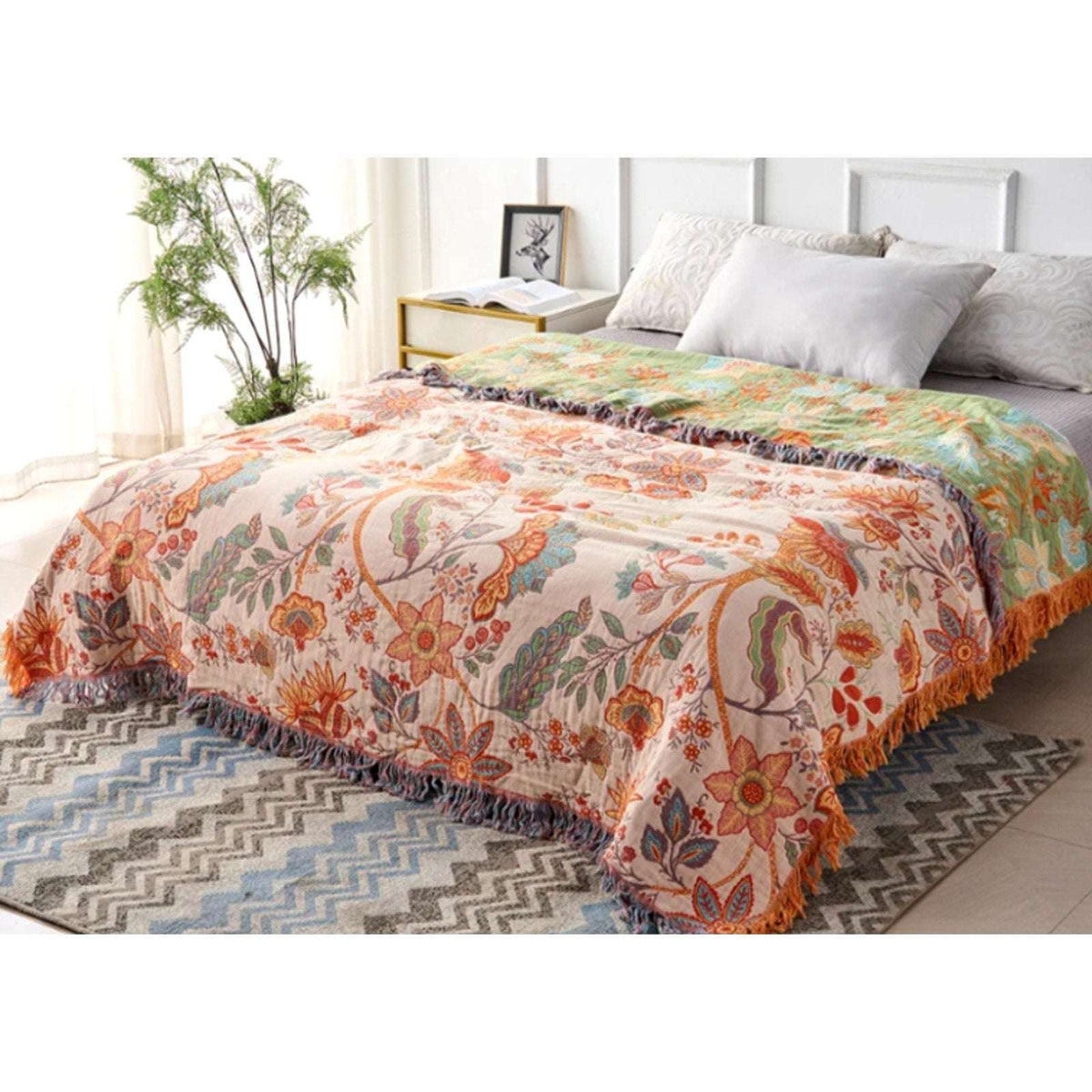 Casa & Beyond Cotton Floral Boho Reversible Blanket 91" x 98" + 4 Pillow Shams
