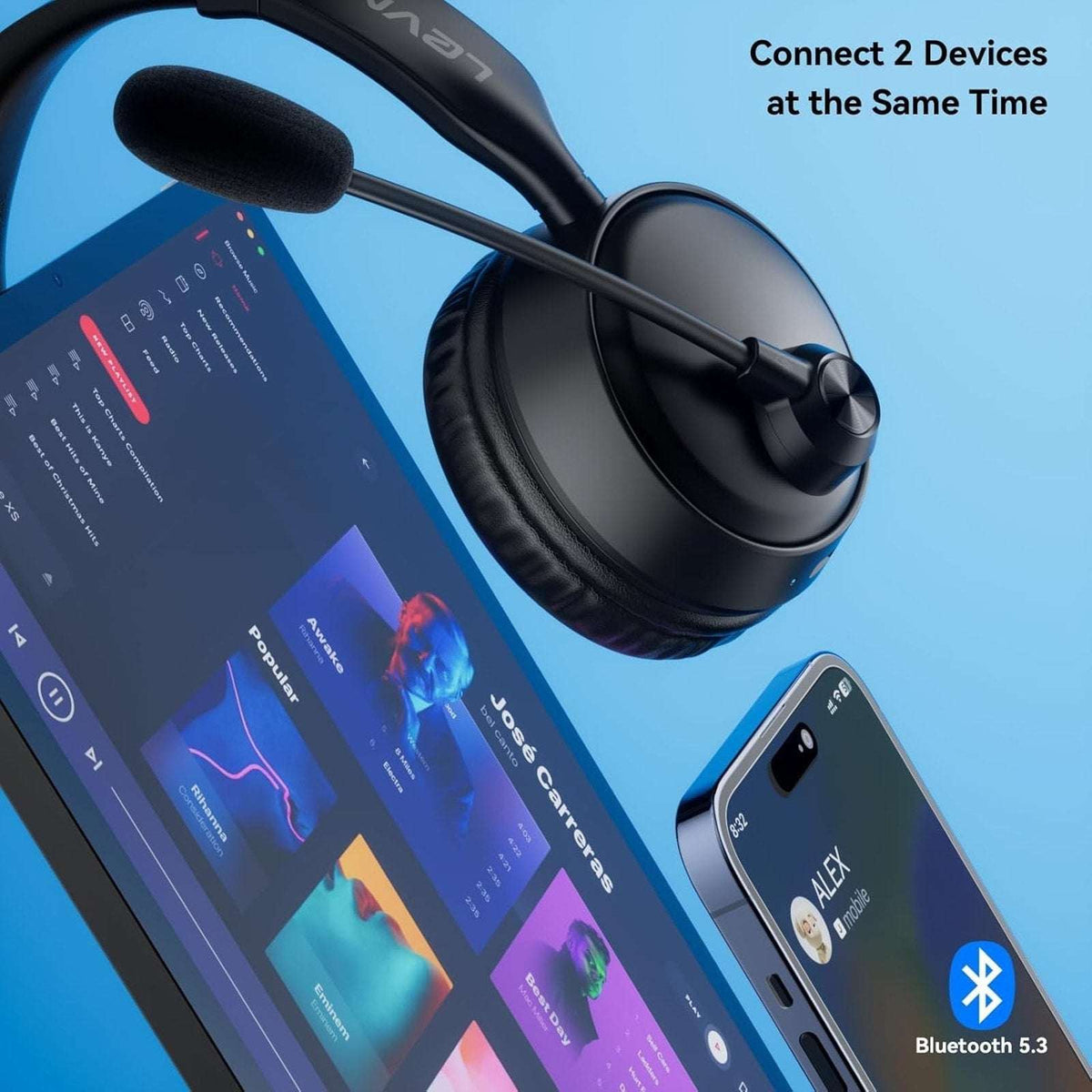 LEVN Bluetooth Headset w/ Microphone, Ai Noise Cancelling Dual Connection CT003