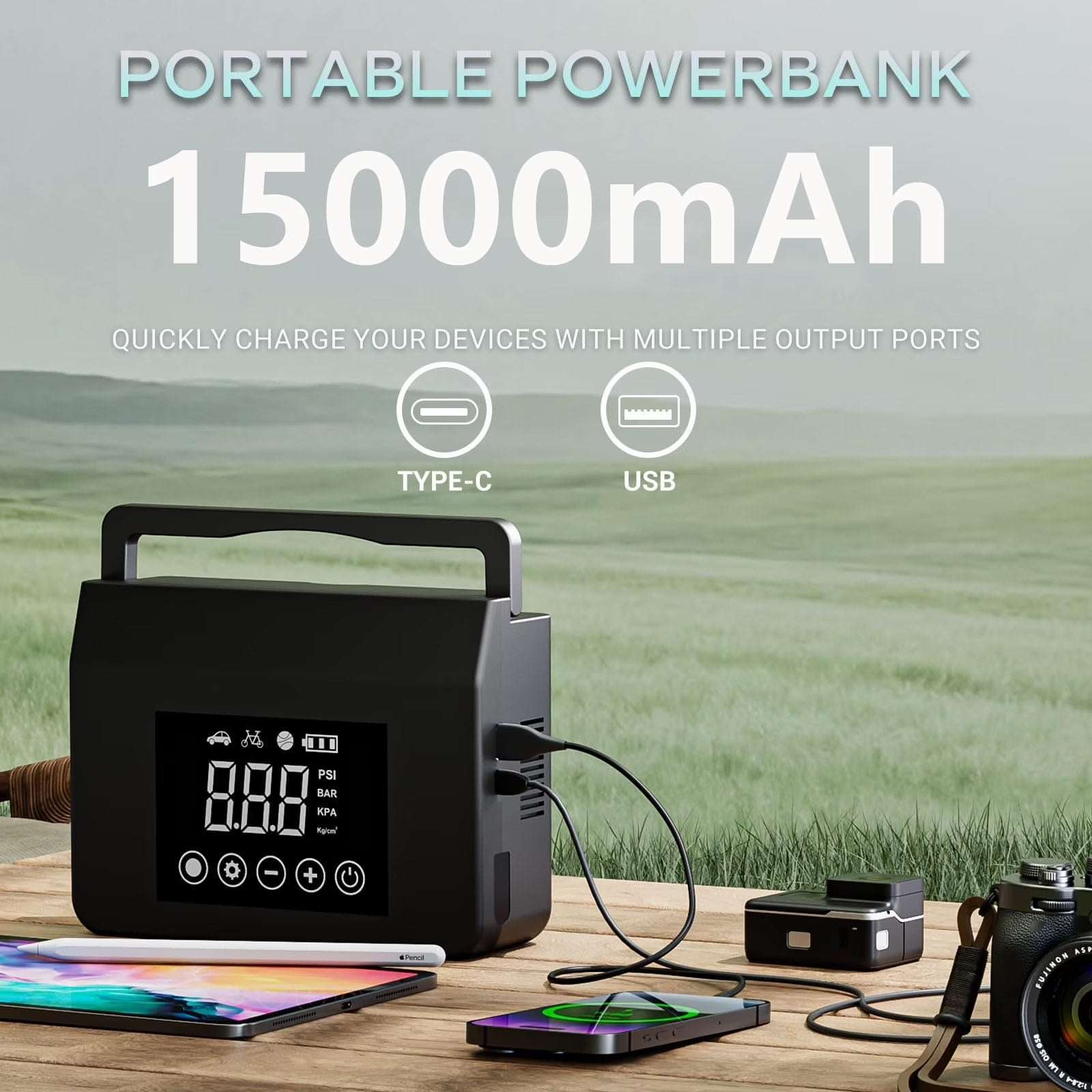 4000A 12V Car Jump Starter, 15000mAh Power Bank, Air Pump & LED Light Gas/Diesel