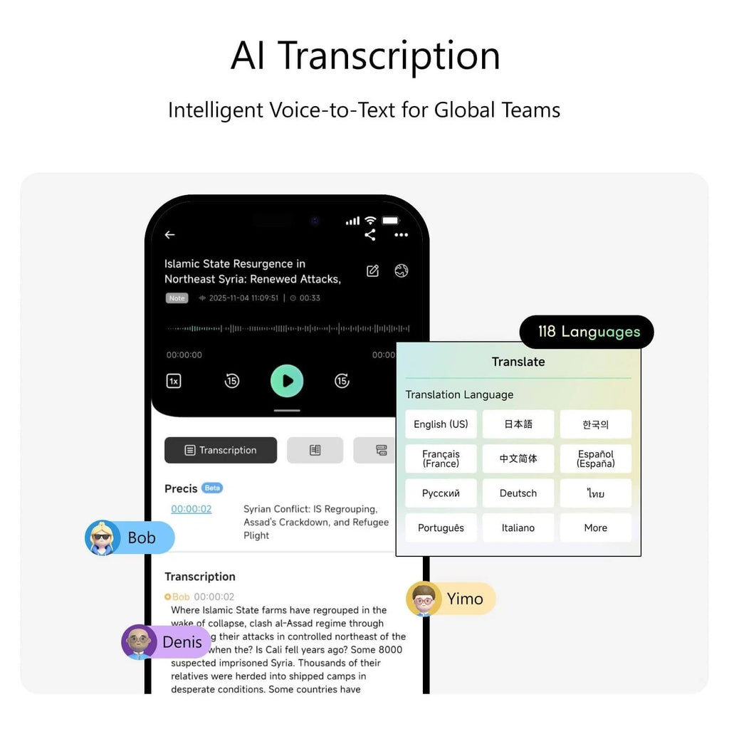 NOTE AI Voice Recorder, Transcribe & Summarize, 140 Languages Voice to Text 64GB