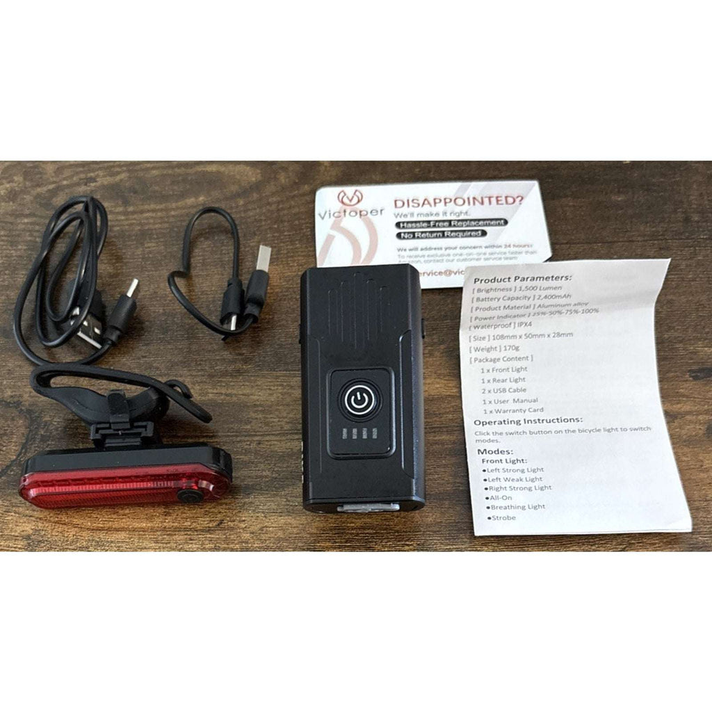 Front & Rear Bike Lights - Shockproof Waterproof 1500lm 6 Modes USB Rechargeable