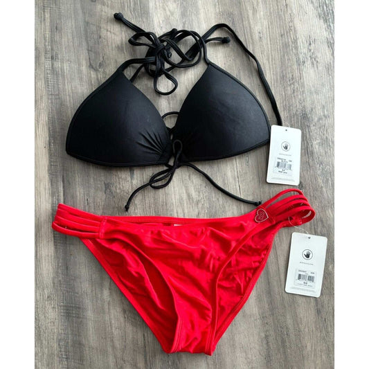 BODY GLOVE Bikini Black Baby Love Triangle & Red Flirty Surf Rider Size S/M