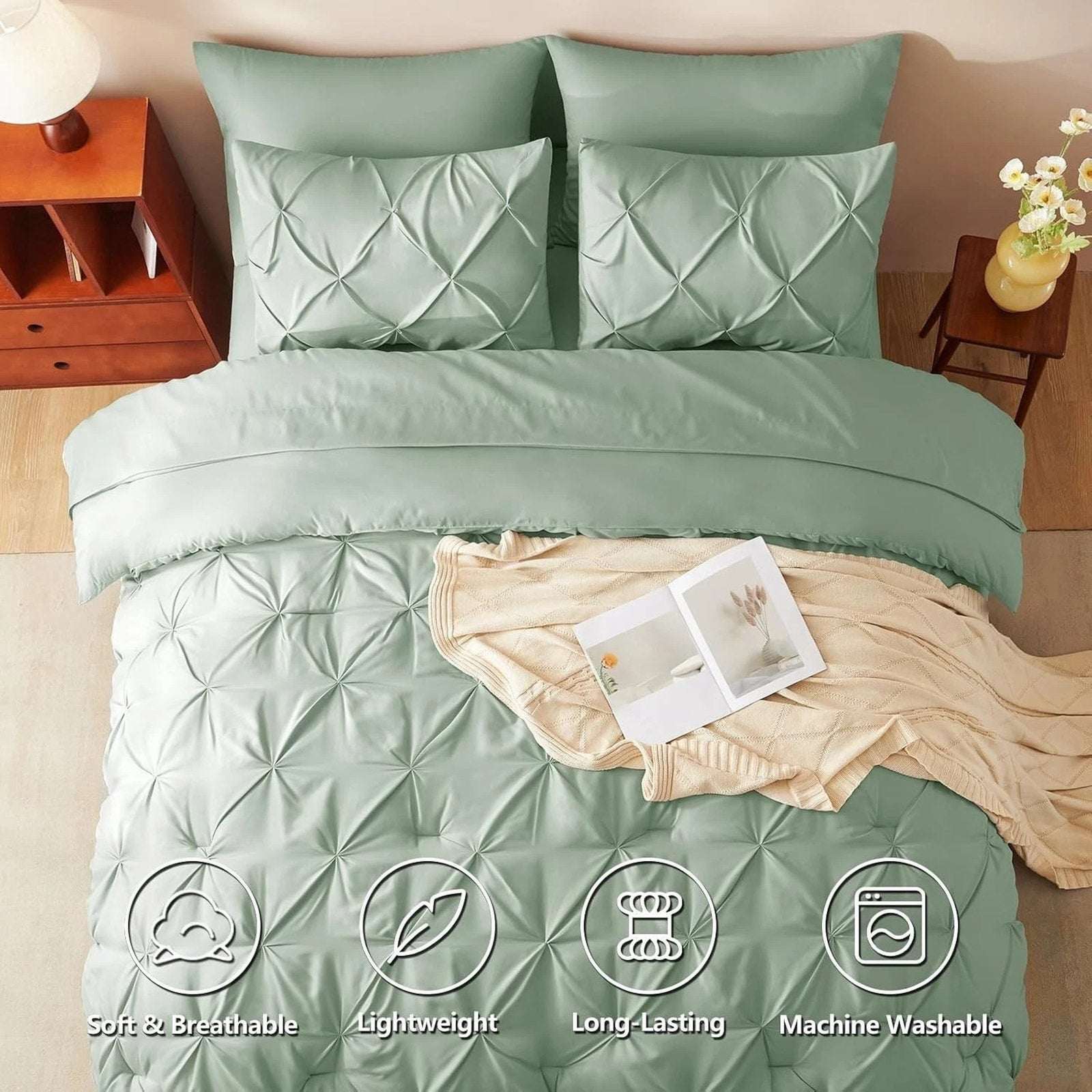CozyLux 7-Piece King Size Pintuck Comforter & Sheet Set Sage Green Bed in a Bag