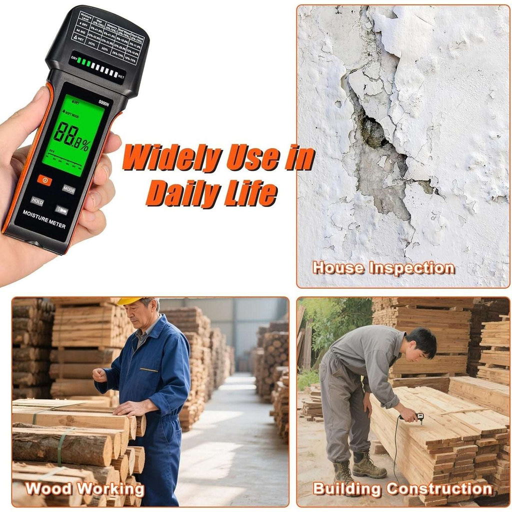 Pinless Wood Moisture Meter – Drywall, Mold & Lumber Moisture Detector with LCD