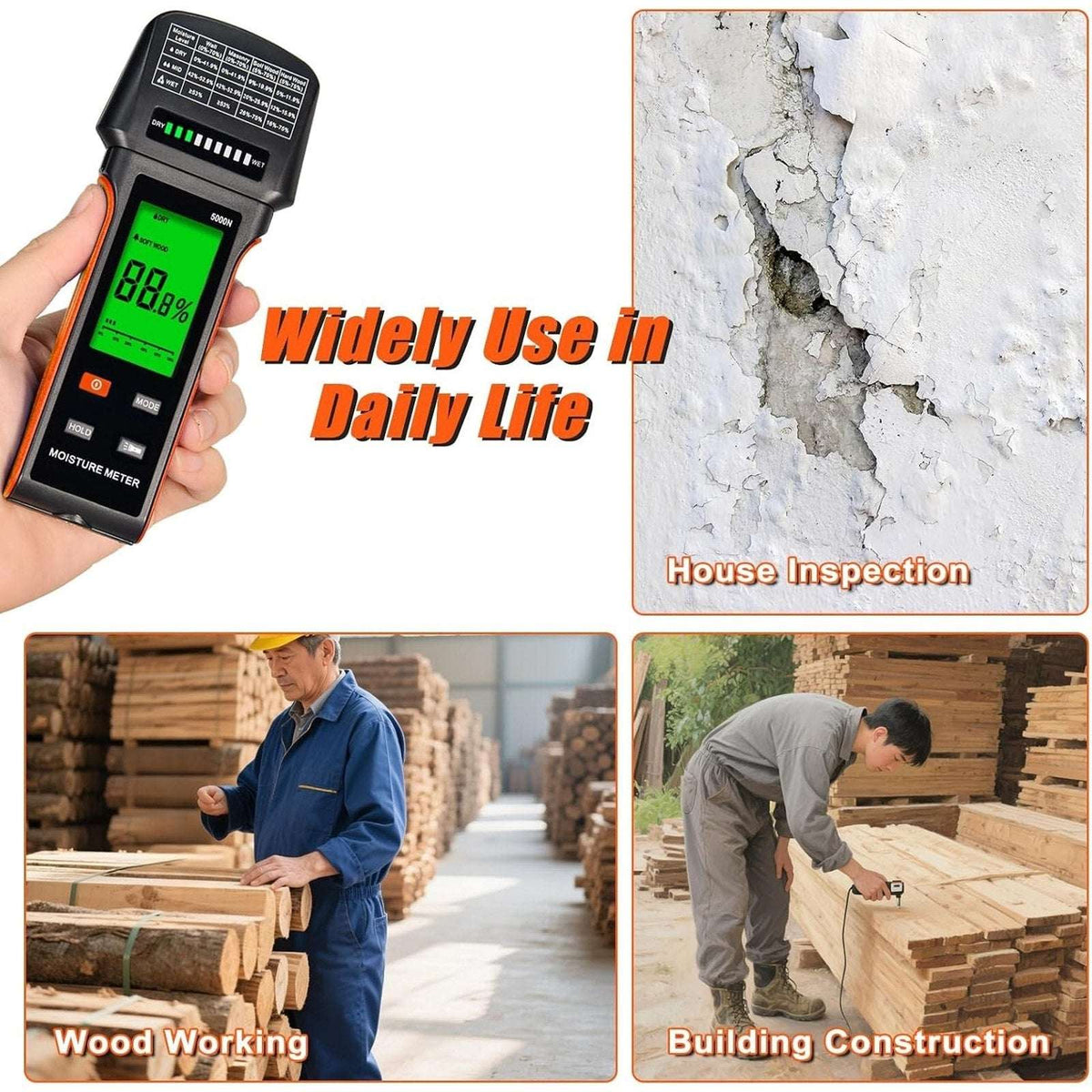 Pinless Wood Moisture Meter – Drywall, Mold & Lumber Moisture Detector with LCD