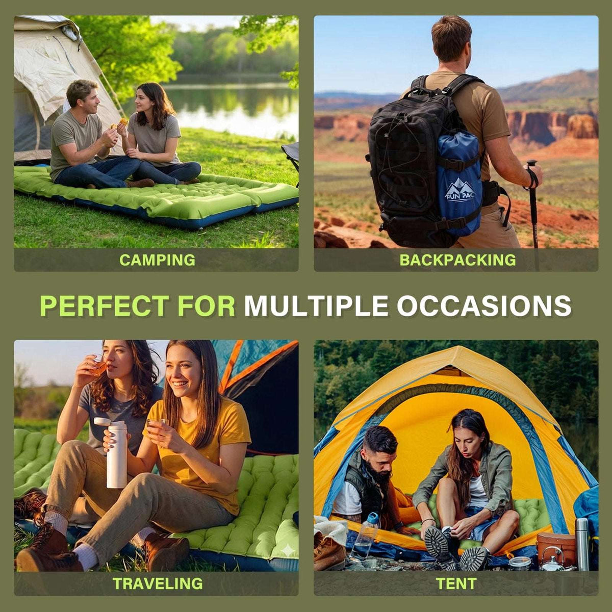Camping Waterproof Sleeping Pad 6" Thick Pillow w/ Built-In Pump - Expandable