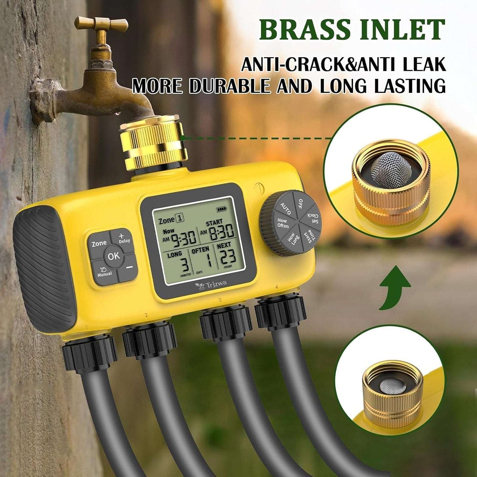 4-Zone Programmable Digital Smart Water Timer w/ Brass Inlet, Rain Delay, Anti-R