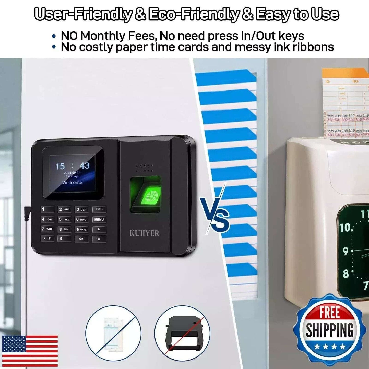 KUIIYER 2in1 Biometric Time Clock Employees Small Business Fingerprint Password